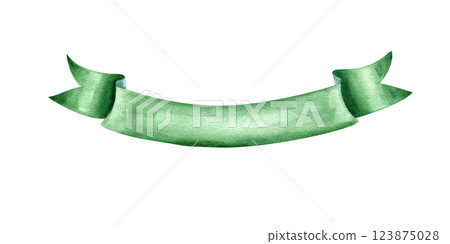 Watercolor Patrick day green ribbon banner illustration isolated background. Decorative waving glossy border with empty space for text. Decorative element for promotion decor, celebrate events 123875028