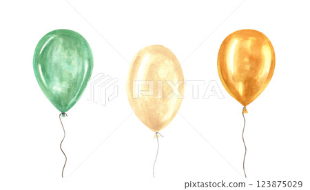 Watercolor green, orange, white helium balloons on string set illustration isolated background. Colorful balloon bunch for birthday and party decor. Patrick day elements for festive design 123875029