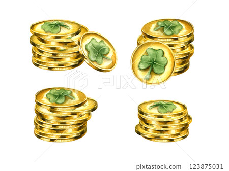 Stack of gold metal coins set watercolor illustration isolated background. St. Patrick day golden money symbols with green clover leaf clip art. Treasure pile for festive poster, holiday stationery 123875031