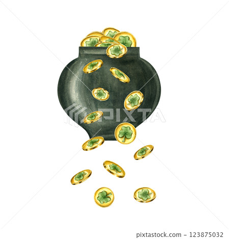 Gold coins falling from green cauldron watercolor illustration isolated background. Saint Patrick day golden money symbols with green four leaf clover. Decorative element for festive poster decor Gold coins falling from green cauldron watercolor illustration isolated background. Saint Patrick day golden money symbols with green four leaf clover. Decorative element for festive poster decor 123875032