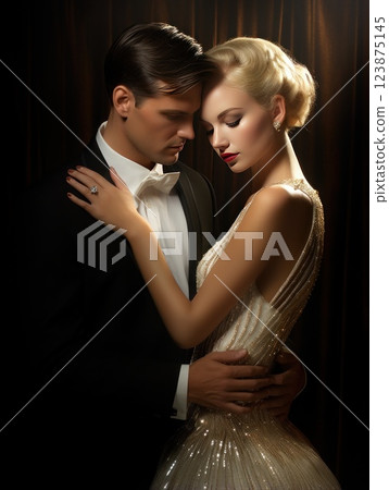 Vintage wedding. Bride and groom in classic Hollywood style outfits 123875145