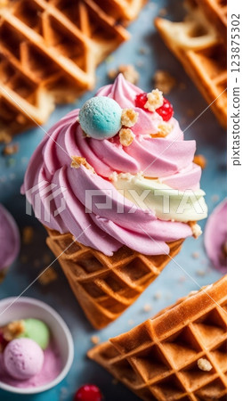 Waffle cone with pink and pastel ice cream swirl, decorated with red berries and crumbs on blue background Waffle cone with pink and pastel ice cream swirl, decorated with red berries and crumbs on blue background 123875302