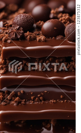 Layers of melted chocolate with round truffles, cocoa crumbles, and chocolate decorations, sweet dessert background texture 123875312