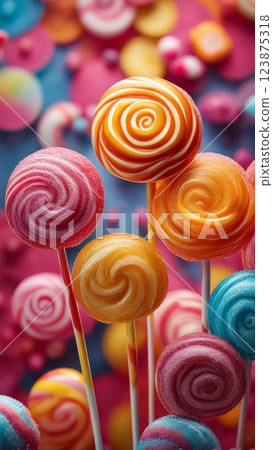 Colorful spiral lollipops on sticks with sugar coating on blurred candy background, sweet confectionery treat closeup 123875318