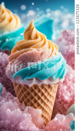 Close-up of colorful ice cream cone with frosting and sugar crystals, surrounded by crushed ice on blurred blue background 123875326