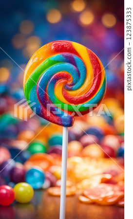 Close-up of colorful rainbow swirl lollipop on a stick with blurred candy background. Sweet confectionery and childhood nostalgia concept 123875333