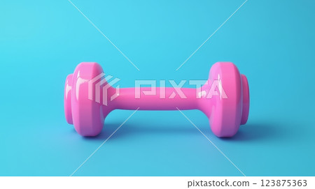 Pink glossy dumbbell on blue background, fitness accessory for home workouts, strength training and active lifestyle, minimal design 123875363