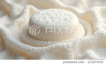 White soap bar with foam on soft textured surface. Skincare, hygiene, and spa concept. Macro shot with delicate details 123875435