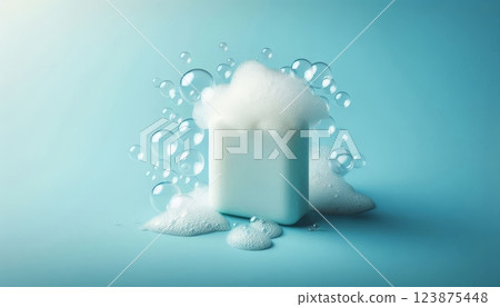 White soap bar with foam and bubbles on light blue background, flat lay composition with copy space for hygiene and skincare 123875448