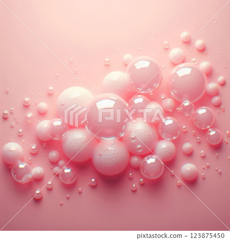 Soap bubbles and foam on pink background, abstract flat lay composition with copy space for hygiene, cleaning, and skincare design 123875450