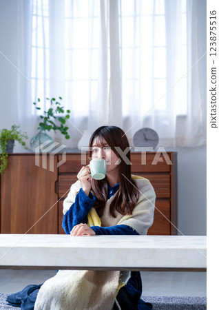 年輕女子在冬季客廳放鬆 123875516