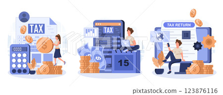 Declaration programs, easy reporting, tax website. Desktop tax filing software, mobile app tax filing software, filing online service metaphors. Vector isolated concept metaphor collection of scenes. Declaration programs, easy reporting, tax website. Desktop tax filing software, mobile app tax filing software, filing online service metaphors. Vector isolated concept metaphor collection of scenes. 123876116