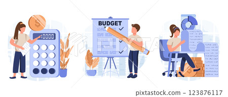 Analyzing budget concept isolated person situations. Collection of scenes with people do financial accounting, calculate statistics, earnings increase. Mega set. Vector illustration in flat design Analyzing budget concept isolated person situations. Collection of scenes with people do financial accounting, calculate statistics, earnings increase. Mega set. Vector illustration in flat design 123876117