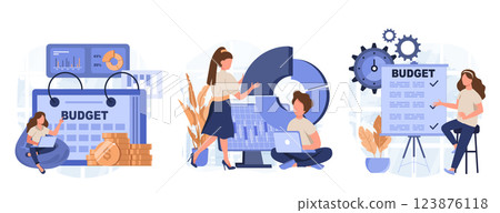 Analyzing budget concept isolated person situations. Collection of scenes with people do financial accounting, calculate statistics, earnings increase. Mega set. Vector illustration in flat design Analyzing budget concept isolated person situations. Collection of scenes with people do financial accounting, calculate statistics, earnings increase. Mega set. Vector illustration in flat design 123876118