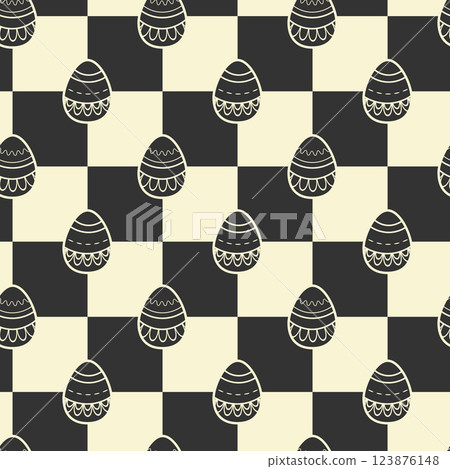 Checkered board, Easter holiday decorative egg symbol shape, abstract seamless pattern. Cute geometrical grid. Black white vintage colours palette. Graphical ornamental background. Vector illustration Checkered board, Easter holiday decorative egg symbol shape, abstract seamless pattern. Cute geometrical grid. Black white vintage colours palette. Graphical ornamental background. Vector illustration 123876148