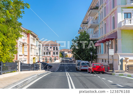 Qanat Quartier Venetian copy luxury residential district with authentic colorful apartment buildings, Pearl Island, Doha, Qatar 123876188
