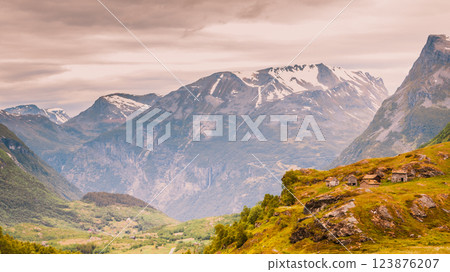 Norwegian old country houses in mountains. Norwegian old country houses in mountains. 123876207