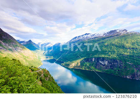 View on Geirangerfjord from Flydasjuvet viewpoint Norway 123876210