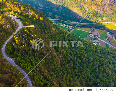 Road and Stegastein viewpoint in mountains Norway. Aerial view 123876299
