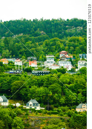 Houses on hills in city Bergen, Norway 123876519