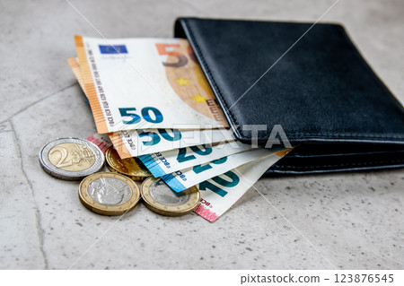 Leather partmone with european money. Bills and coins in black wallet for commerce concept. 123876545