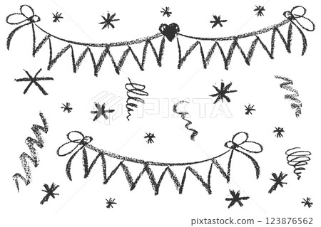 Collection of hand drawn charcoal doodle birthday party simbol shapes Childish girly style. Pencil drawings Black elements on white background. Vector illustration. 123876562