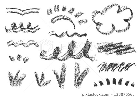 Chalk kids cloud weather symbols set Childish doodle naive icons isolated on white background. Cute line chalk drawn sketch grass, wave, sun. Symbols of sky Rough pastel bg texture Vector illustration 123876563