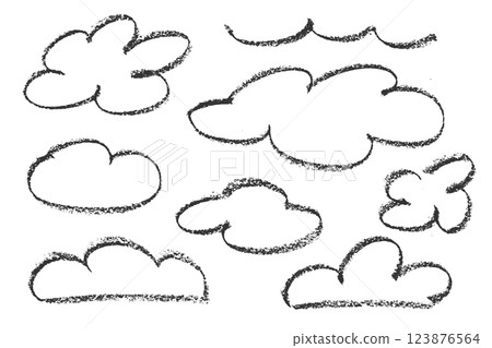 Set of crayon drawn clouds in kids style. Childish doodle naive icons isolated on white background. Cute line chalk drawn sketch symbols of sky. Rough pastel bg texture. Vector illustration. 123876564
