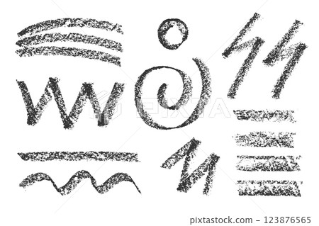 Charcoal bold strokes collection. Rough pencil scribbles lines Hand drawn circles and spiral shapes. Scribble black strokes Marker, crayon chalk drawing. Set of sketch texture. Vector illustration 123876565