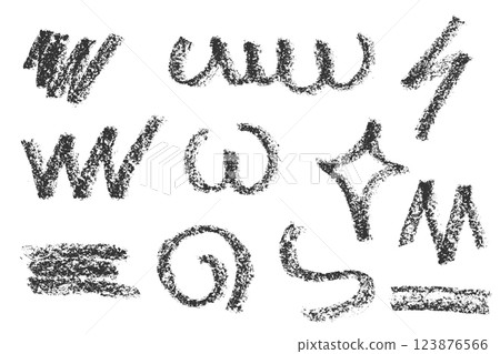 Charcoal bold strokes collection. Rough pencil scribbles lines Hand drawn circles and spiral shapes. Scribble black strokes Marker, crayon chalk drawing. Set of sketch texture. Vector illustration 123876566
