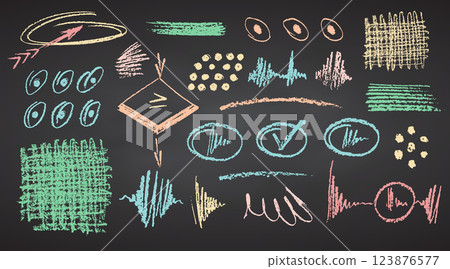 Charcoal color pastel pencil hand drawing curly lines, splash, squiggles and shapes. White elements on chalkboard. Grunge chalk crayon scribbles doodles textures. Rough strokes. Vector illustration 123876577