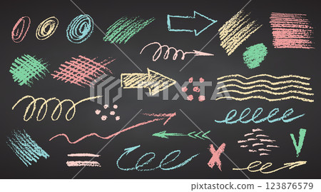Charcoal color pastel pencil hand drawing curly lines, splash, squiggles and shapes. White elements on chalkboard. Grunge chalk crayon scribbles doodles textures. Rough strokes. Vector illustration Charcoal color pastel pencil hand drawing curly lines, splash, squiggles and shapes. White elements on chalkboard. Grunge chalk crayon scribbles doodles textures. Rough strokes. Vector illustration 123876579