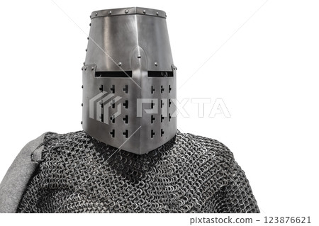 A historic representation of a medieval knight wearing chainmail armour 123876621