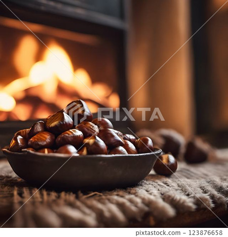 A Cozy Hearth: Roasted Chestnuts with Flickering Firelight A Cozy Hearth: Roasted Chestnuts with Flickering Firelight 123876658