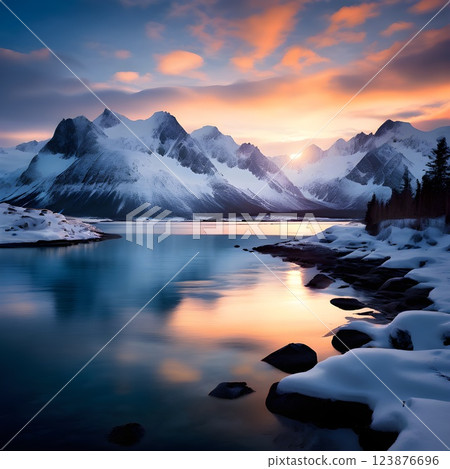 Alaska's Hidden Bay: Snow-Capped Peaks at Dawn 123876696