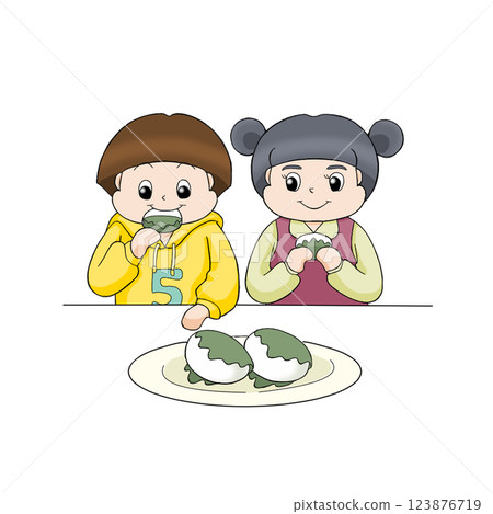 Boy and girl eating kashiwamochi (rice cake) No background 123876719
