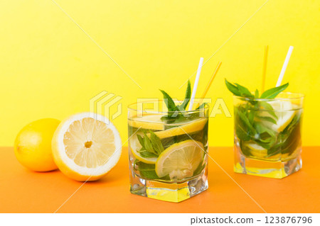 Mojito summer refreshing cocktail with ice and mint. mojito cocktail with lime, lemon and mint in a tall glass with a stick Mojito summer refreshing cocktail with ice and mint. mojito cocktail with lime, lemon and mint in a tall glass with a stick 123876796