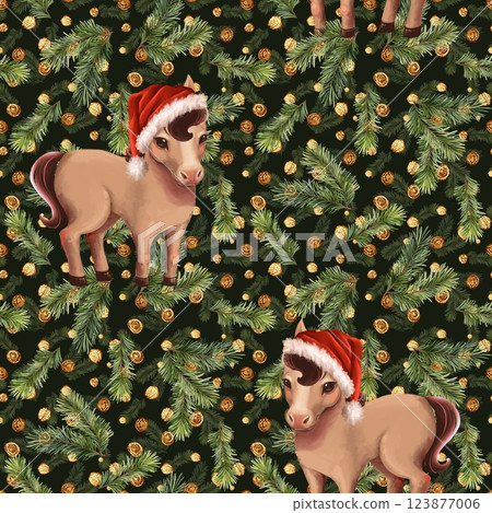 Hand-drawn seamless pattern with baby horse in Santa hat and fir tree branches. 123877006