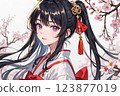 Shrine maiden staring at cherry blossoms 123877019