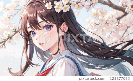 Cherry blossoms: Smiling female student in sailor suit 123877023