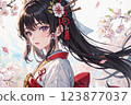 Shrine maiden staring at cherry blossoms 123877037