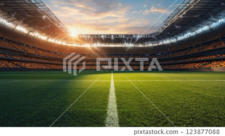 沐浴在落日餘暉中的宏偉足球場一片寂靜 123877088