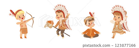 Kids Playing Indian in Native Costumes and Headdress Vector Set Kids Playing Indian in Native Costumes and Headdress Vector Set 123877166