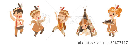 Kids Playing Indian in Native Costumes and Headdress Vector Set Kids Playing Indian in Native Costumes and Headdress Vector Set 123877167