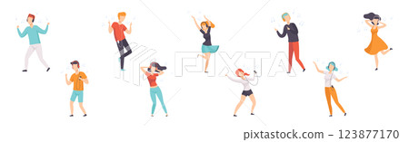 People Wearing Earphones Listening to Music and Dancing Vector Set 123877170