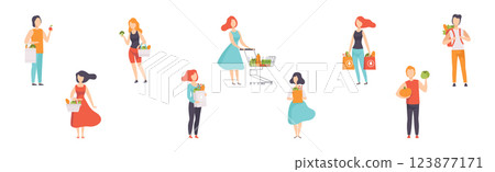 People Buy Fresh Market Food and Goods Carry Bag Vector Set People Buy Fresh Market Food and Goods Carry Bag Vector Set 123877171