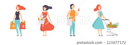 People Buy Fresh Market Food and Goods Carry Bag Vector Set 123877172