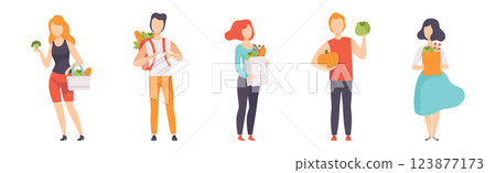 People Buy Fresh Market Food and Goods Carry Bag Vector Set 123877173