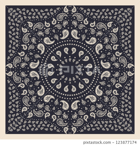 Black and white scarf or bandana design with paisley mandala pattern. Ethnic monochrome carpet design Black and white scarf or bandana design with paisley mandala pattern. Ethnic monochrome carpet design 123877174
