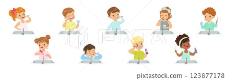 Kids Brushing Teeth with Toothpaste and Toothbrush Vector Set Kids Brushing Teeth with Toothpaste and Toothbrush Vector Set 123877178